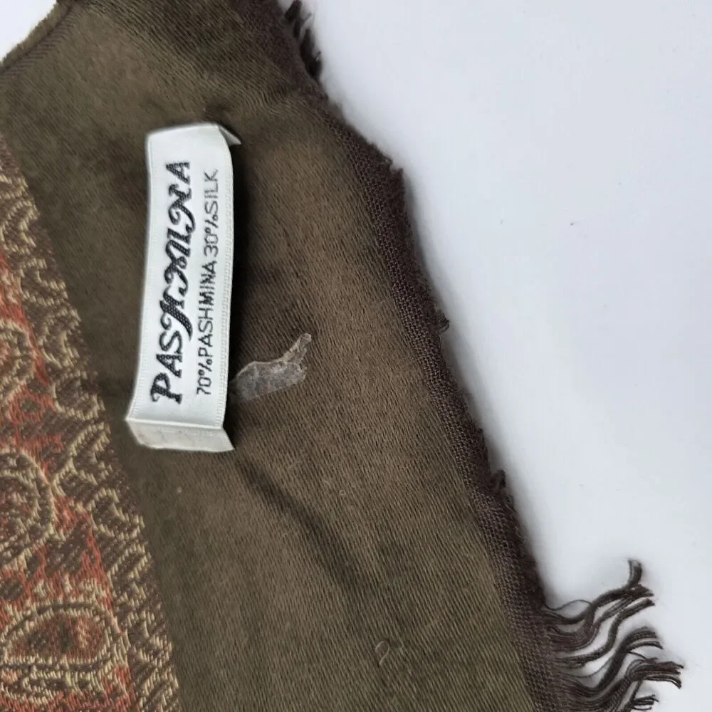 Pashmina Scarf Brown Silk Fringe Rectangle Wrap Boho Paisley 27X69